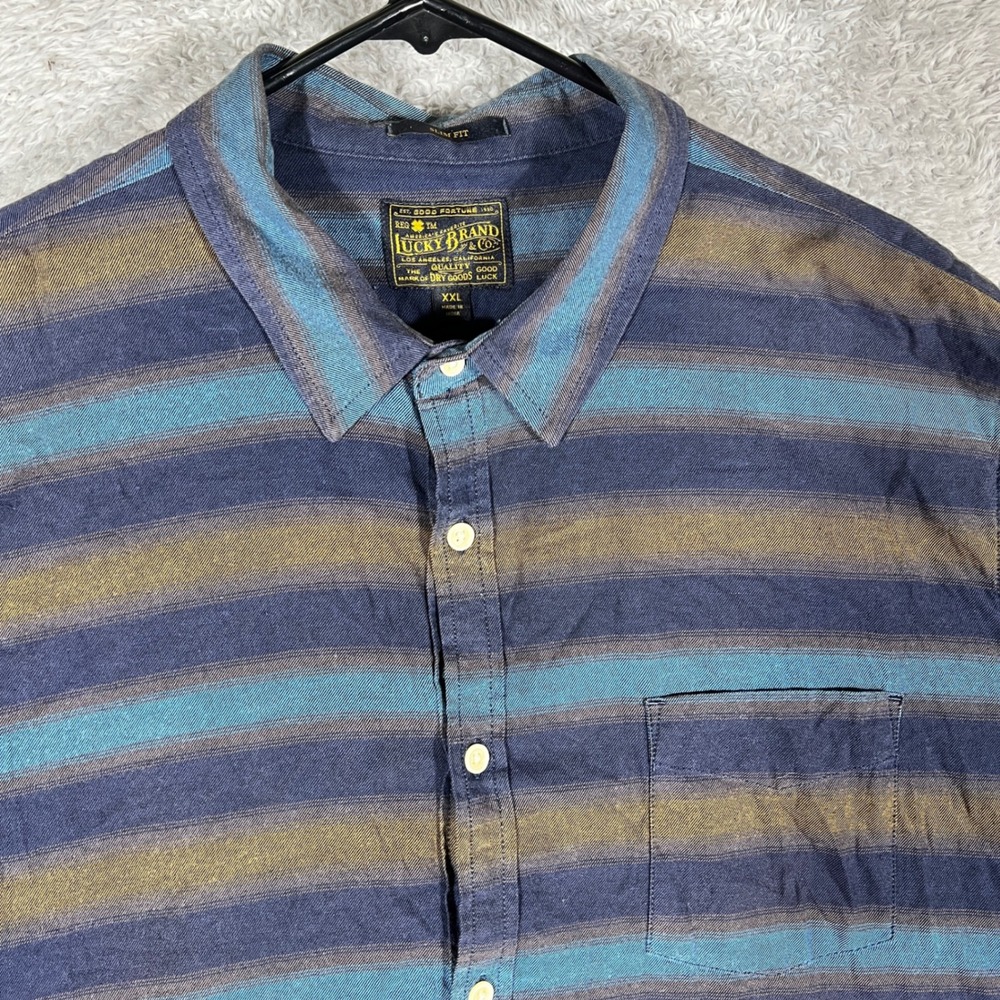 Lucky Brand Mens XXL Slim Fit Short Sleeve Striped Button Down Shirt Blue Multi